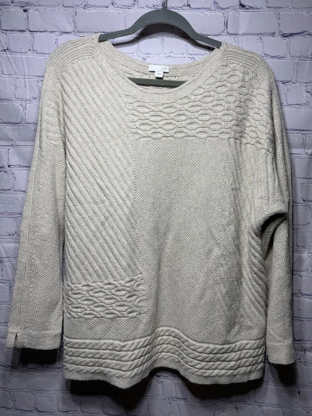J.Jill Womens Patchwork Knit Pullover Sweater Cream L Minimalist Preppy Casual